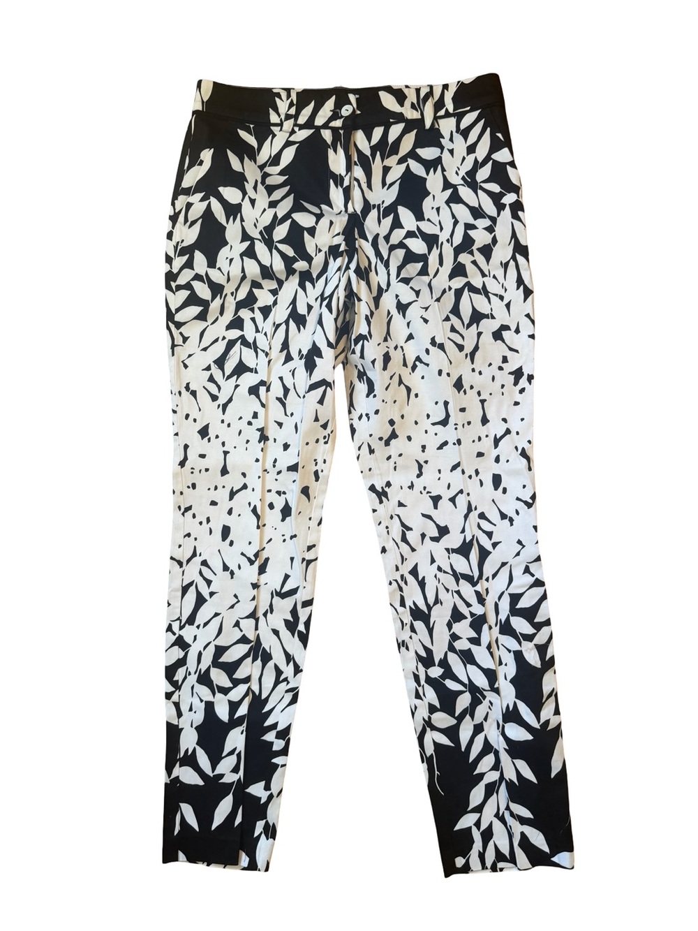 Blumarine Italy Black & White Leaf Print Slim Trouser Pants